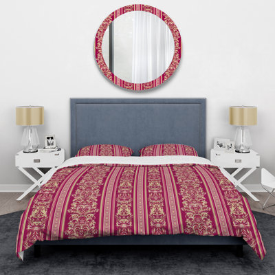 Purple and Gold Striped Pattern Polyester Damask Duvet Cover Set