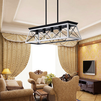 Rustic 5- For Dining Room Area - Height Adjustable Pendant White Shade Iron Wood Construction And
