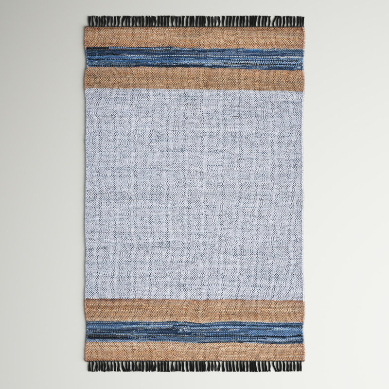Vintage Leather Hand Woven Leather/Jute/Cotton Rug in Beige/Gray/Blue, Rectangle 5' x 8'