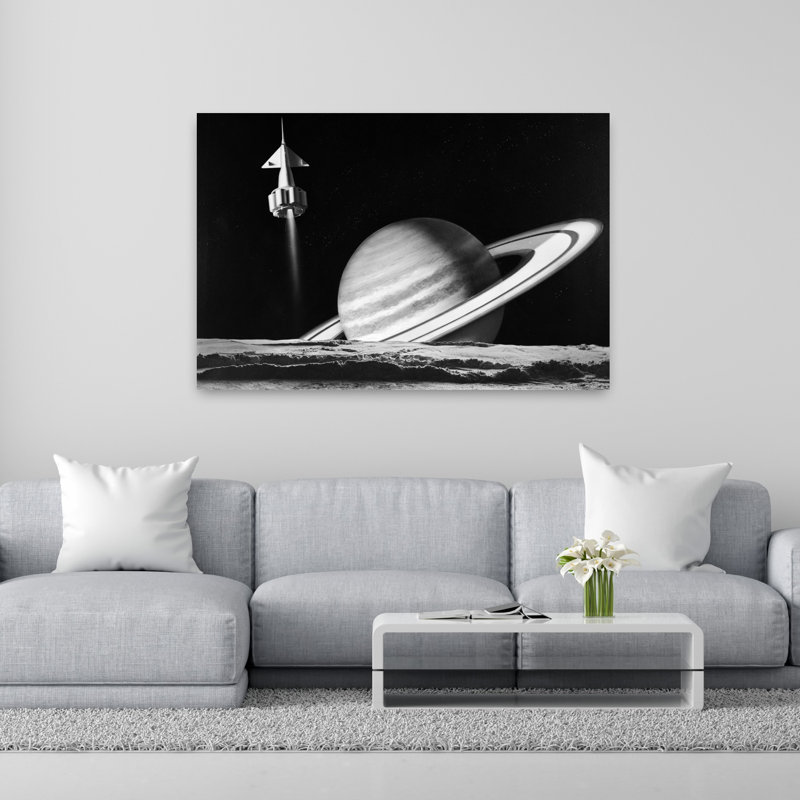 Fusée de l'espace des années 1960 survolant Saturne avec la surface d'une autre planète au premier plan, art mural rétro classique rétro