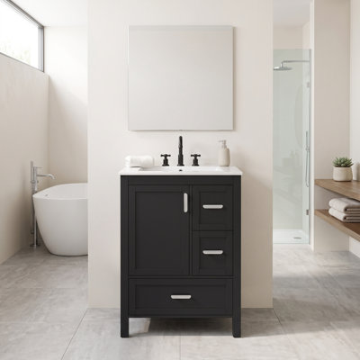 24 Inch Freestanding Black Modern Bathroom Vanity with Integrated Ceramic Sink, Solid Wood Frame and MDF Panels, Soft‑Close Door and Drawers, Zinc Alloy Silver Handle for Small Bathrooms