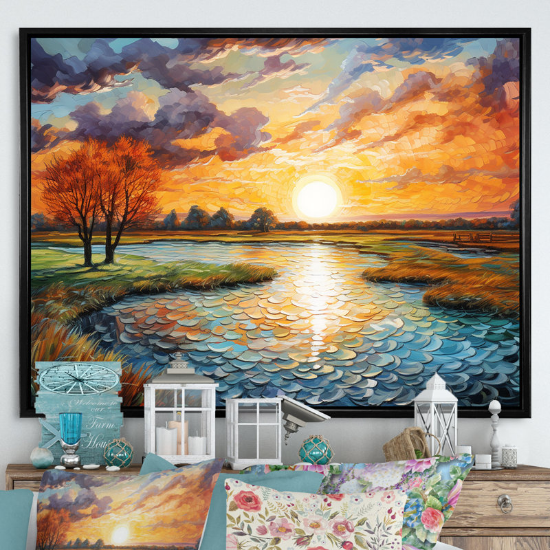 «Sunrise Country Charm» par Vincent sur toile, Cadre flottant noir, H 12 po x l 20 po x P 1 po