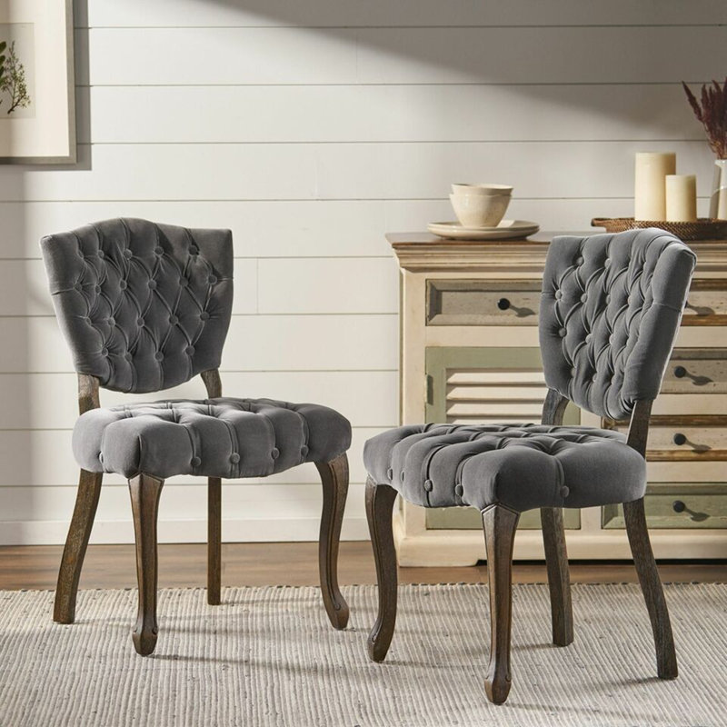 Chaise Parsons rembourrée et capitonnée Richard, Velours gris anthracite incorrect