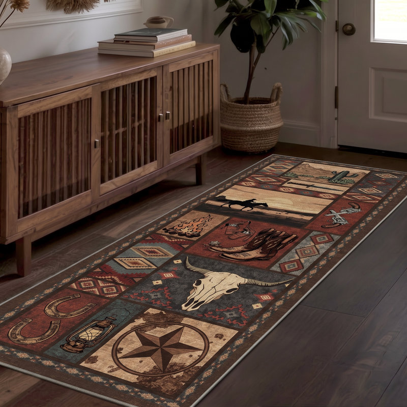 Tapis vintage lavable à la machine avec ranch rustique du Sud-Ouest, Runner 2'x6'