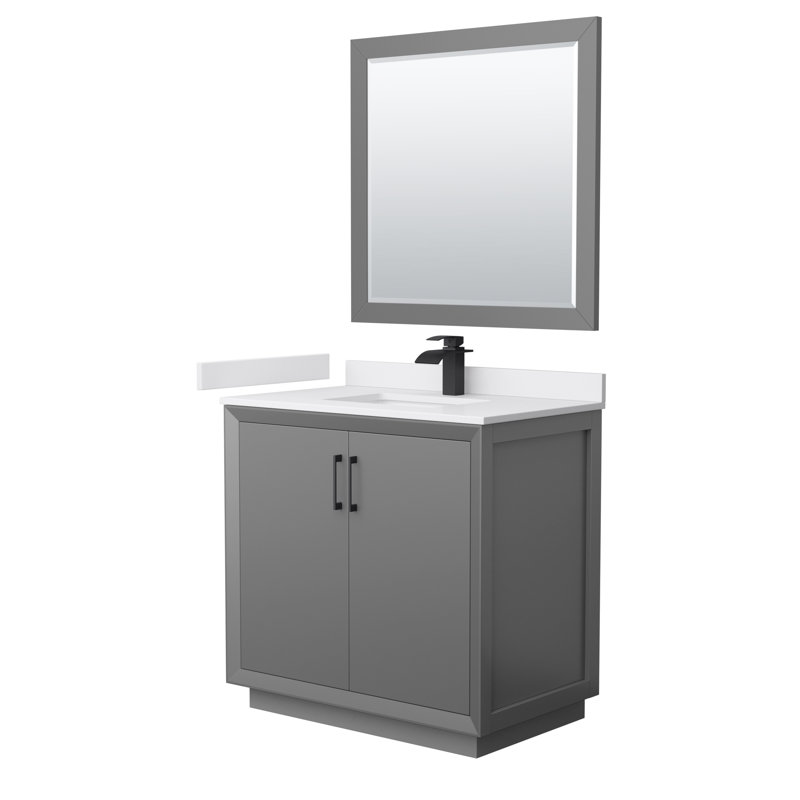 Ensemble de meuble-lavabo simple 36 po avec miroir Stara, Gris foncé, Noir mat, Marbre de culture de Carrare