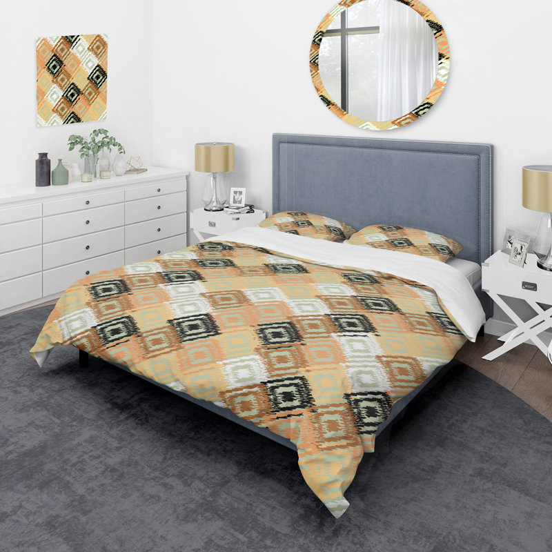 Brown Ikat Ogee - Ensemble de housse de couette abstrait - Microfibre de polyester