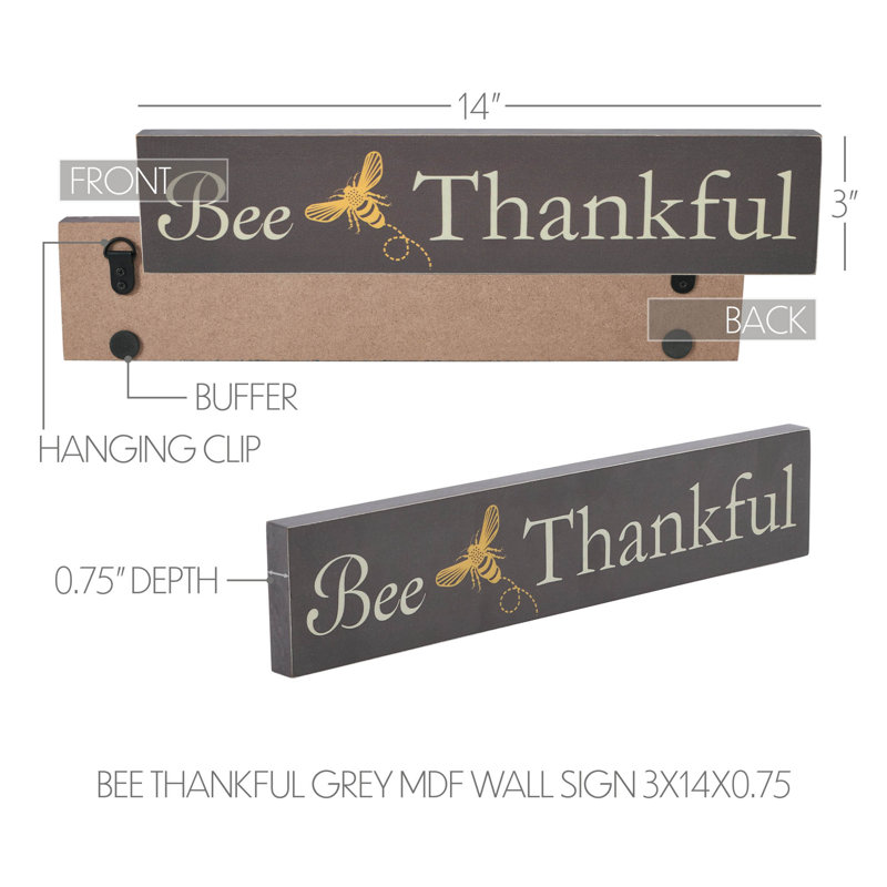 Plaque murale en bois aggloméré Buzzy Bees Thankful 3x14x0,75