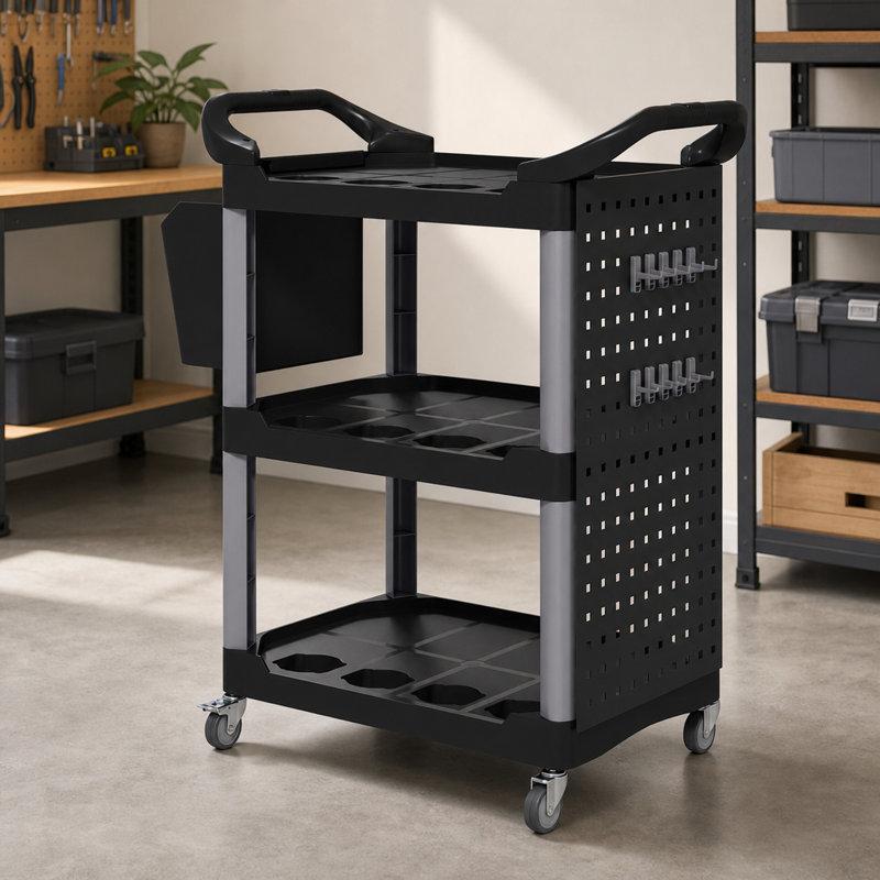 Chariot utilitaire roulant à 3 niveaux avec panneaux perforés et seau, supportant jusqu'à 90 kg (200 lb), en plastique, pour le rangement d'outils dans un garage, un entrepôt ou un atelier. Couleur noir et gris clair.