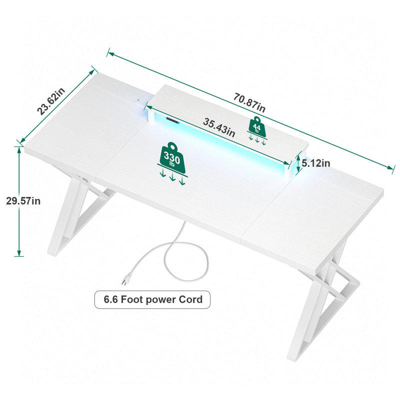 Computer Desk With USB Charging Station, LED Light Strip, White