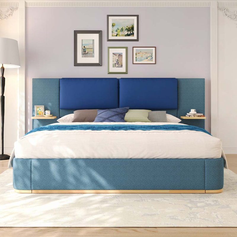 Upholstered Platform Bed with Panel, Blue, Queen