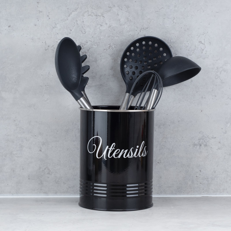Metal Round Utensil Crock, Black