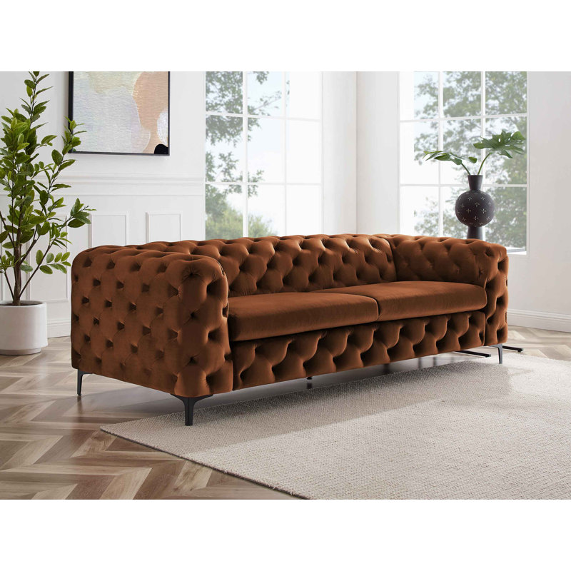 Ghaleb 237Cm Velvet Square Arms Sofa, Curry Velvet, Black