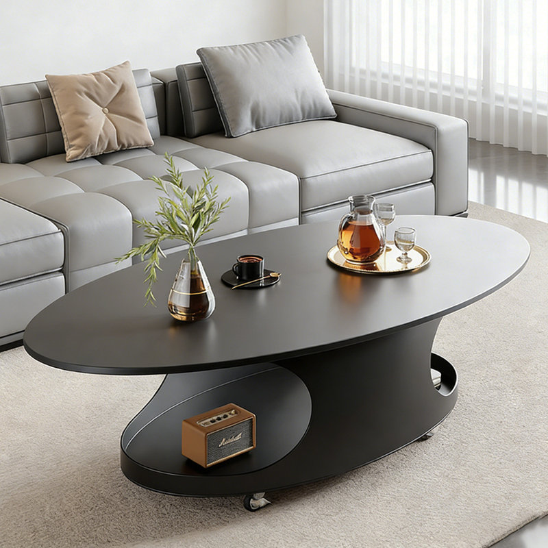 Table basse ovale simple avec poulie, 17.71" H  x 27.55" D x 51.18" W, Noir
