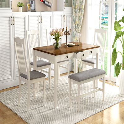 Mid-Century 6-Piece Wood Dining Table Set, Kitchen Table Set With Drawer, Upholstered Chairs And Bench, White