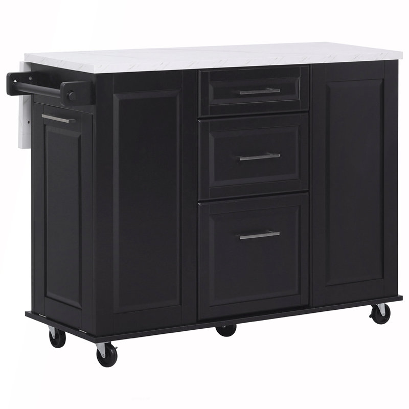 50.7 Inch Kitchen Island with Storage, Tilt Trash Can Cabinet, and Pull-Out Organizer, Rolling on 5 Wheels, Drop Leaf, 2 Drawers, 1 Door for Modern Kitchens