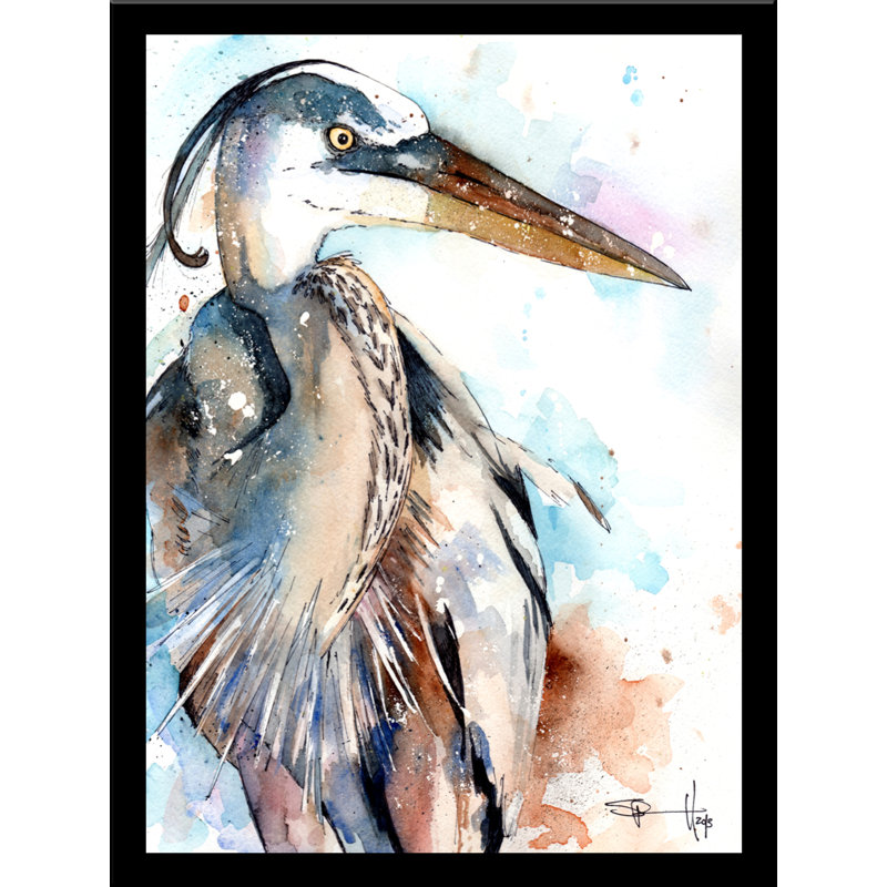 «Great Blue Heron», reproduction de peinture à l'aquarelle sur papier, H 12,5 po x l 10,5 po x P 1 po, Papier avec cadre noir
