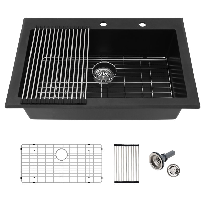 Évier de cuisine à simple cuve en composite de granit à deux cuves de comptoir à quartz avec trous de robinet L 33 po x l 22 po Quartz