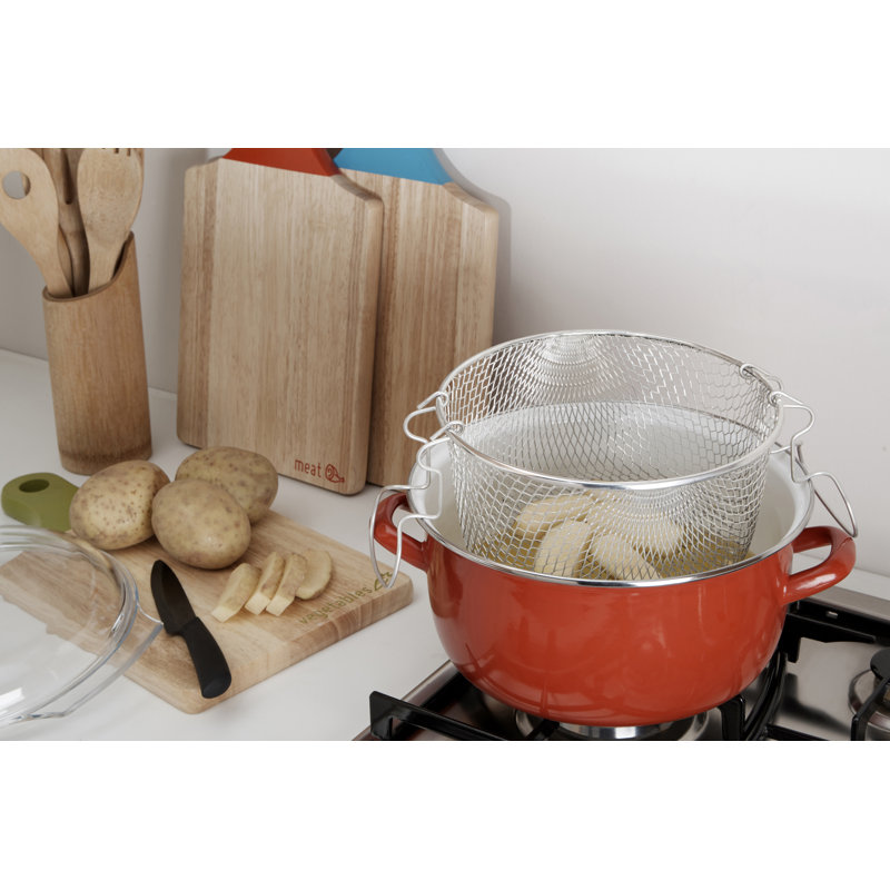 Symple Stuff Enamel on Steel Deep Fat Fryer with Glass Pyrex Lid, Red