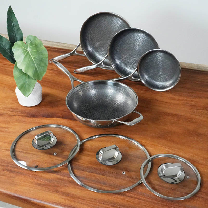 Livwell DiamondClad 7 Piece Hybrid Nonstick Stainless Steel Frying Pan Cookware Set with Wok and Tempered Glass Lids - PFOA Free, Dishwasher Safe, Oven Safe
