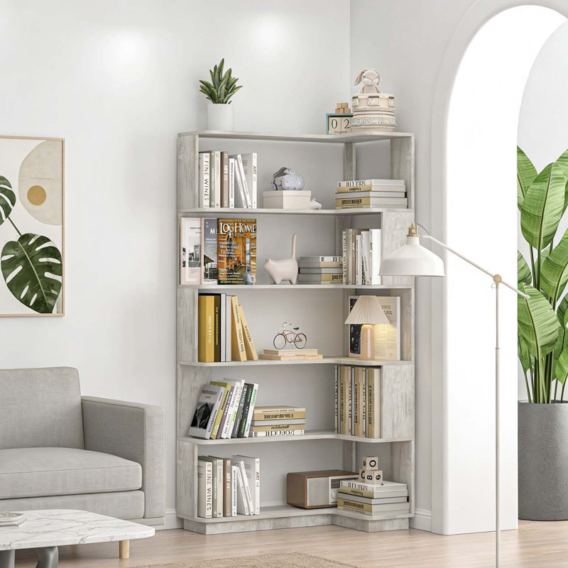 Freestanding Corner Bookshelf for Home and Office, Light Gray