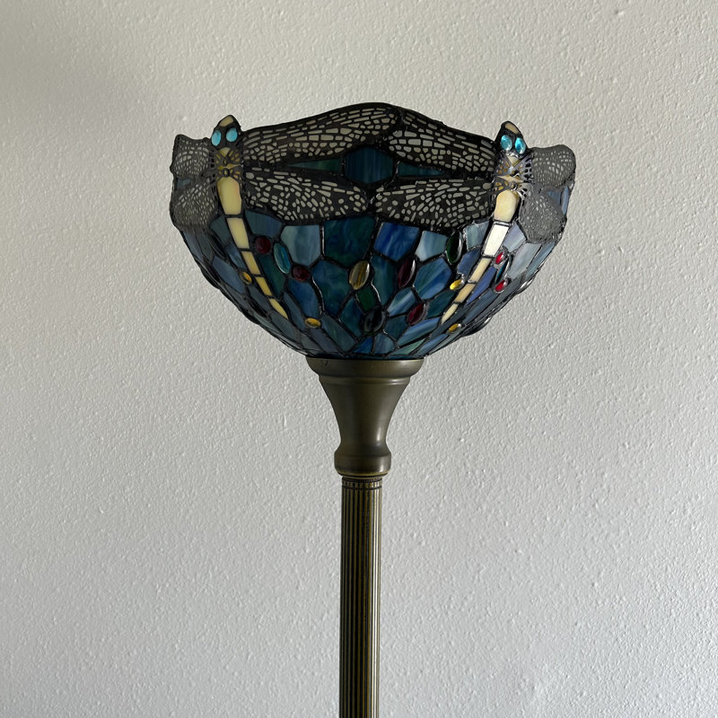 Harre Tiffany Torch Floor Lamp Stained Glass Dragonfly LED Bulb Included 12"W*12"D*66"H