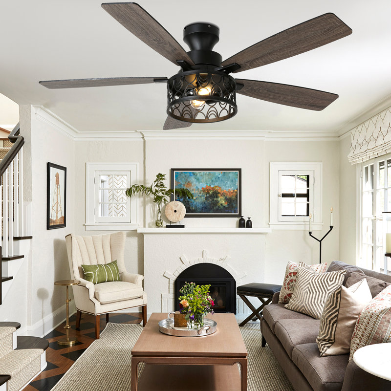 52" Black Farmhouse Industrial Flush Mount Ceiling Fans, 6-Speed DC Motor Low Profile Caged Ceiling Fan with Light and Remote