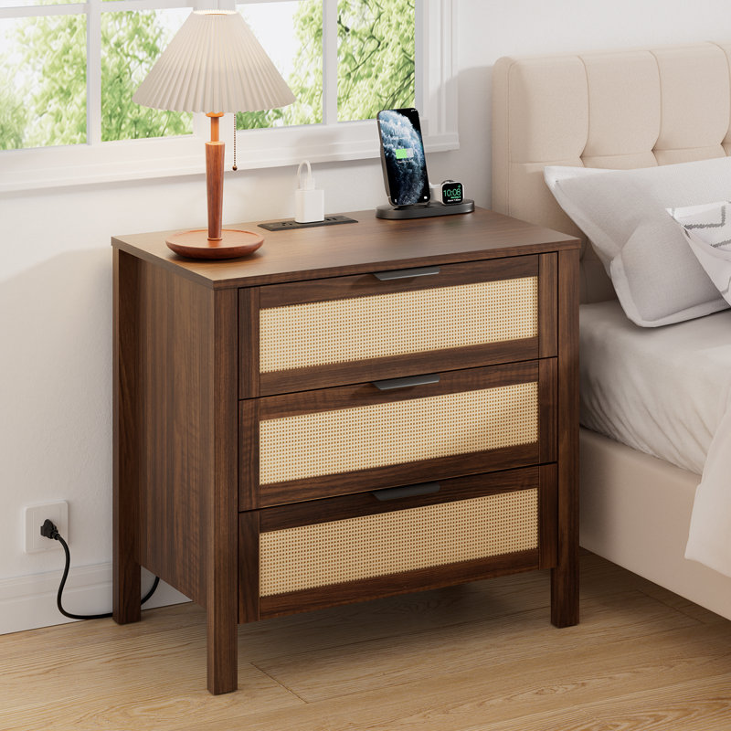3-Drawer Boho Nightstand With Power Outlet, Brown