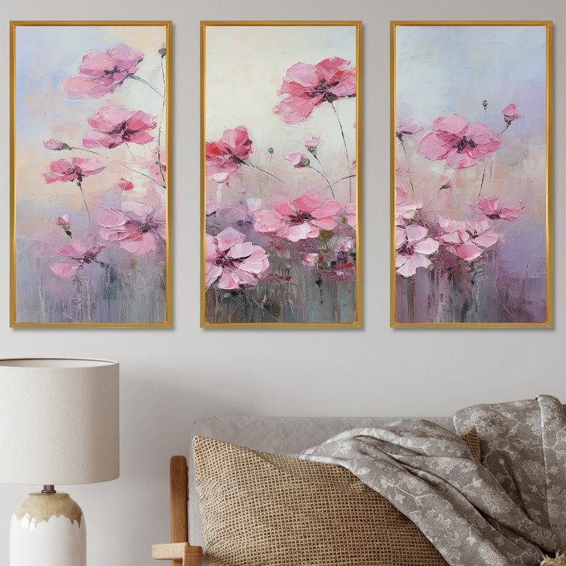 Ensemble de salon art floral géraniums roses, Cadre flottant doré, H 40 po x l 60 po x P 1 po