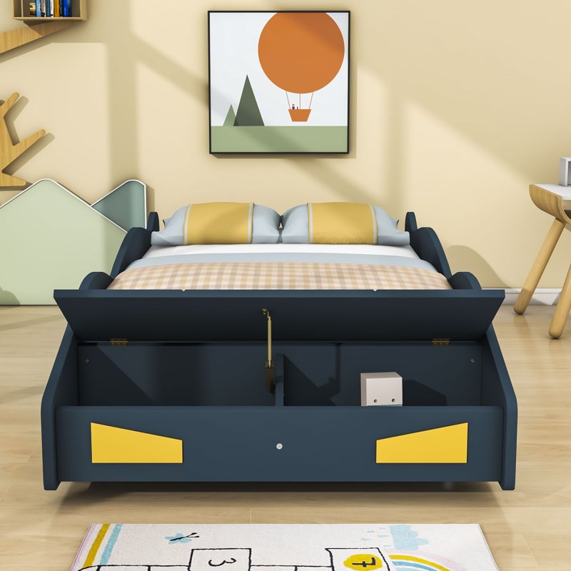 Abdullbasit Twin Size Race Car-Shaped Platform Bed with Wheels, Blue/Yellow