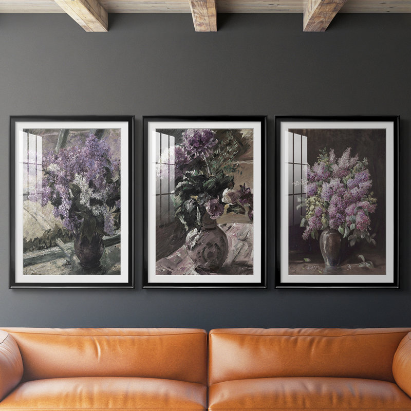 Imprimé floral rétro CCLXV III - impression encadrée sur mesure de qualité supérieure - 3 pièces, H 27 po x l 39 po, Noir