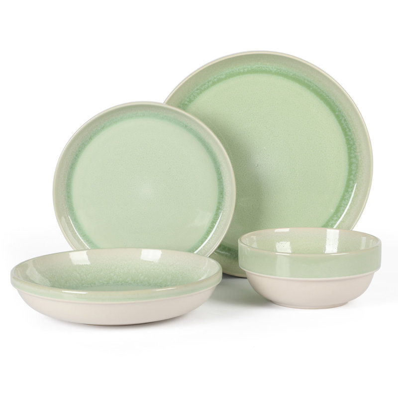Green Ceramic 16-Piece Glossy Dinnerware Set