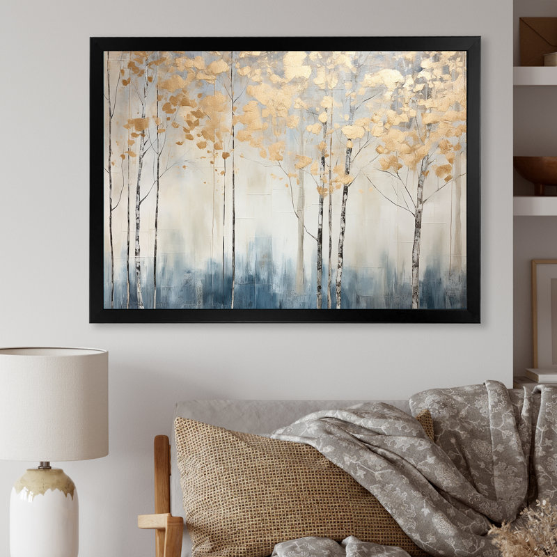 Minimalisme bleu et forêt dorée II - forêt, art mural, Cadre simple noir, H 30 po x l 40 po x P 1,5 po