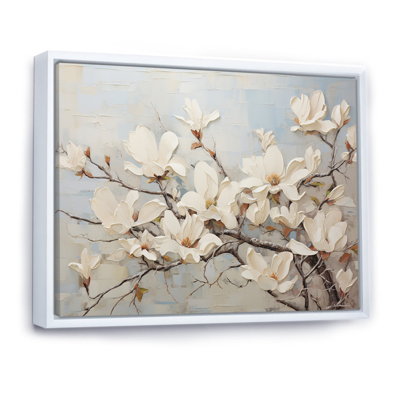 «Magnolias Beauty III», impression sur toile beige et vert, Cadre flottant blanc, H 34 po x l 44 po