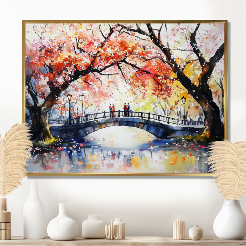 Paysage d'automne dans le parc Ueno - art mural de Tokyo, H 16 po x l 32 po, Cadre flottant sans passe-partout, Doré