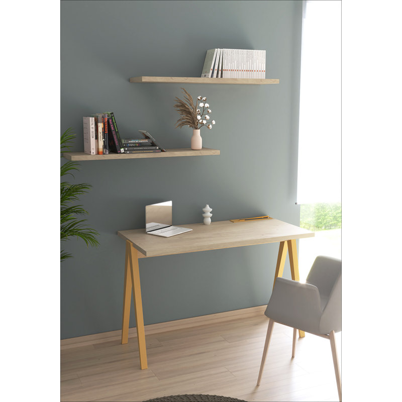 Dikili Solid Wood Base Writing Desk, Light Oak/Mustard
