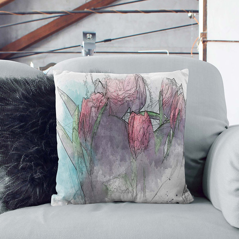 Bouquet Of Red Tulips In Abstract Floral Square Throw Cushion, White, 55cm H x 55cm W x 20cm D