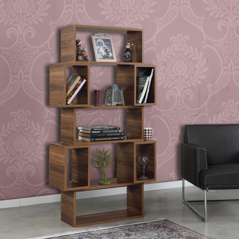 Modern Walnut Bookshelf, 66.1 x 62.9 x 11.8 inches | 100% Melamine Coated Particle Board, Thickness: 0.7 inches | Numerous Shelves, Wall-Mountable Design | Stylish Storage Solution for Home & Office