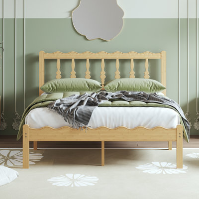 14'' Solid Wood Bamboo Platform Bed Frame with Wavy Headboard, Metal Slats, No Box Spring Needed