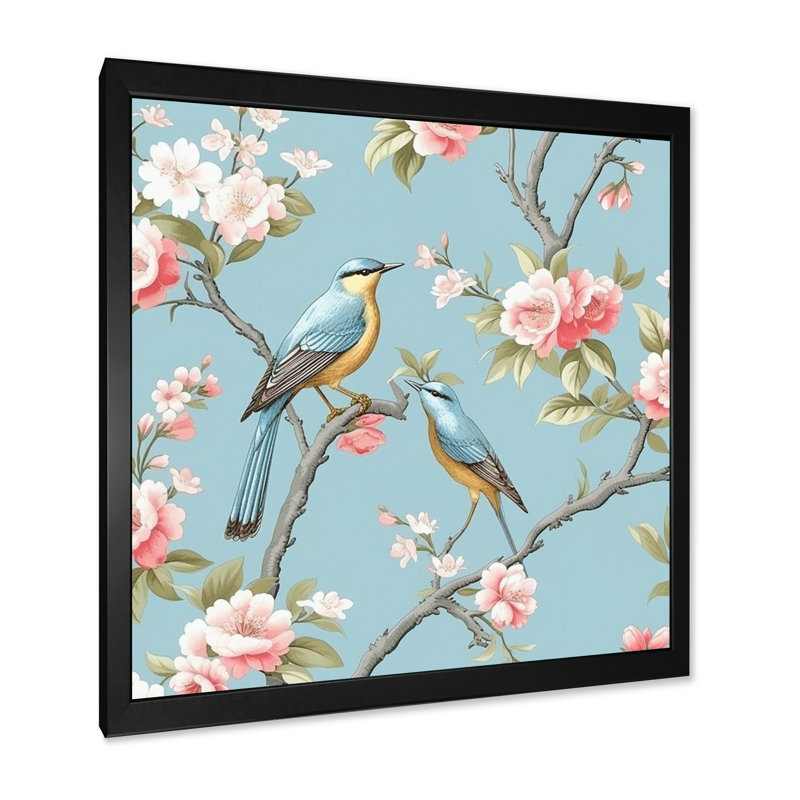 Chinoiserie avec oiseaux et pivoines - impression, H 36 po x l 36 po x P 1,5 po, Cadre simple noir