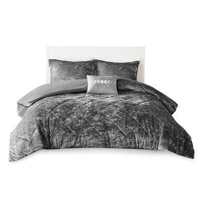 Luxurious Grey Velvet Duvet Cover For Full/Queen, Diamond Style And Inner Corner Ties, Machine Washable, Includes Cover, 2 Shams, 1 Pillow Comfort Full/Queen Size , With