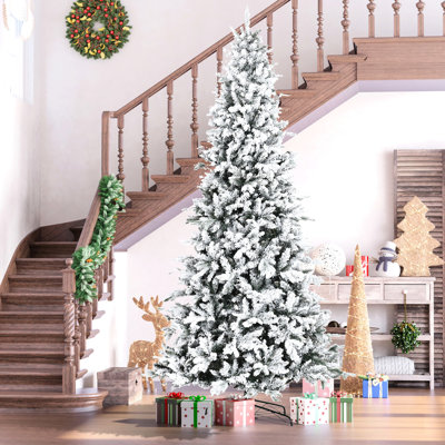 9' Flocked Artificial Tree, 616 Branches, Easy To Shape, Fire-, Decor, Home Celebration 9 Foot Tree With Leaves, Realistic Auto Expand Function, Christmas