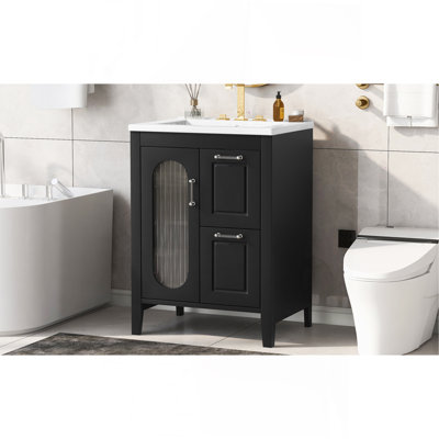 Meuble-lavabo 24 po avec lavabo, meuble-lavabo avec deux tiroirs et porte, tablette réglable, bois massif et panneau de fibres à densité moyenne, noir