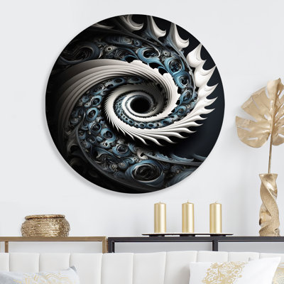 «Blue and White», art mural rond sur spirales abstraites sur métal