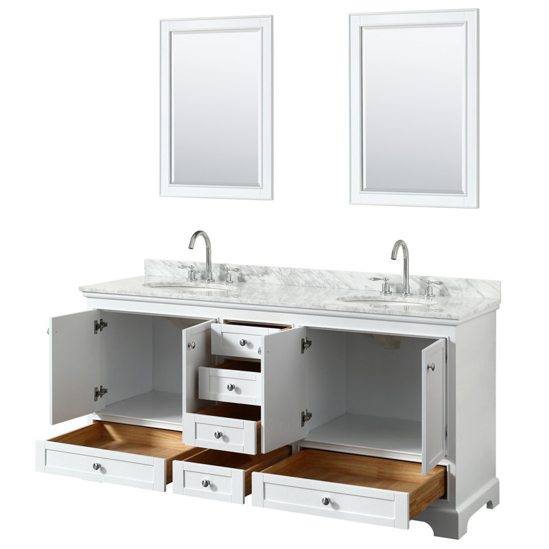 Deborah 72 " W Freestanding Standard Double Vanity Bathroom Vanity With Marble Top with Mirror, White, Polished Chrome