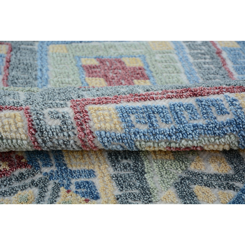Tapis en laine noué à la main en gris / bleu / rouge, Rectangle 12 pi x 15 pi