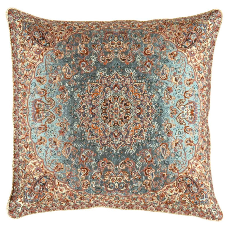 Square Pillow Cover & Insert, 16" H x 16" W, Turquoise/Brown/Ivory Oriental