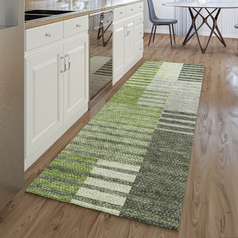 Premium Machine Washable Prisco Green Rug, Runner 2'3" x 7'6"
