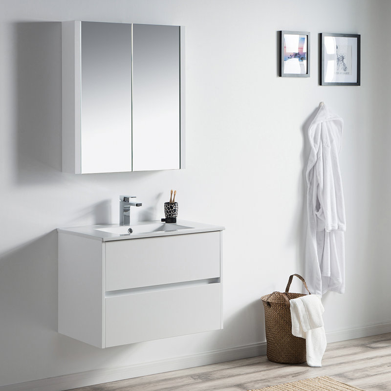 30'' Single Bathroom Vanity with Ceramic Top and Mirror Medicine Cabinet, Glossy White
