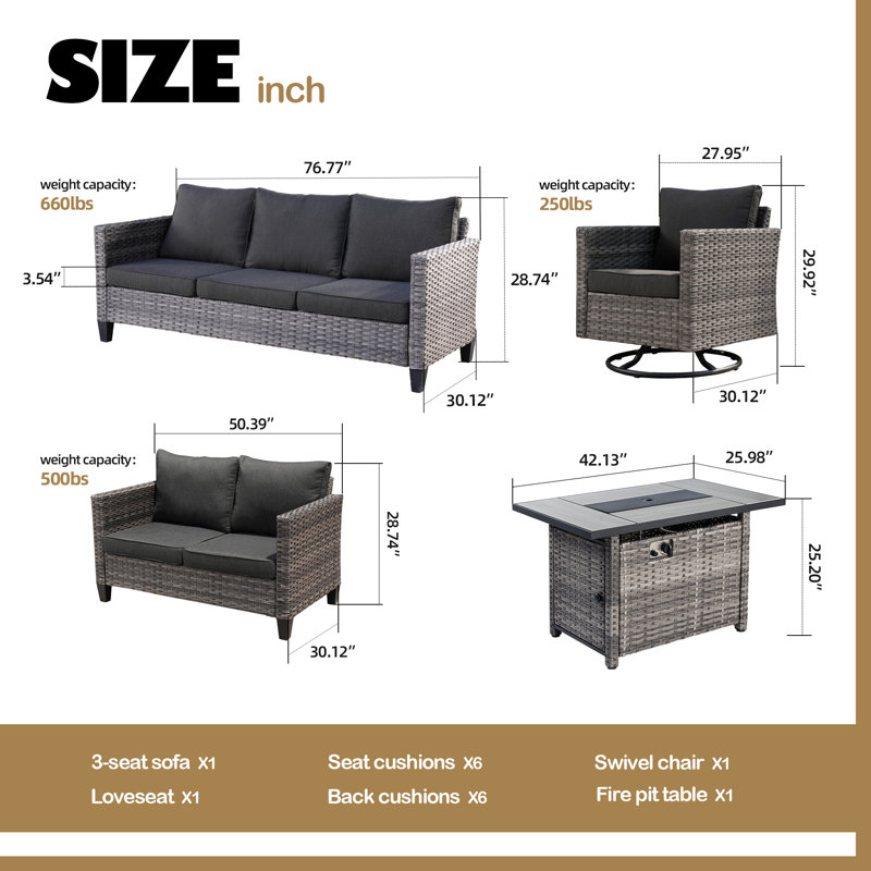 Meriyah Premium All-Weather Wicker 6 - Person Patio Conversation Set with Cushions, Black