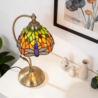 Lampe de table libellule en vitrail - Lampe de bureau à col de cygne rétro avec base en laiton